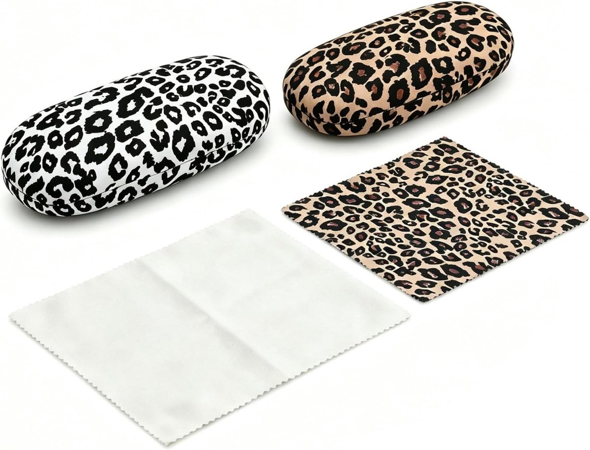 Set van 2 stevige brillenkokers met luipaardpatroon, inclusief brillenpoetsdoeken voor optimale bescherming van leesbril en zonnebril