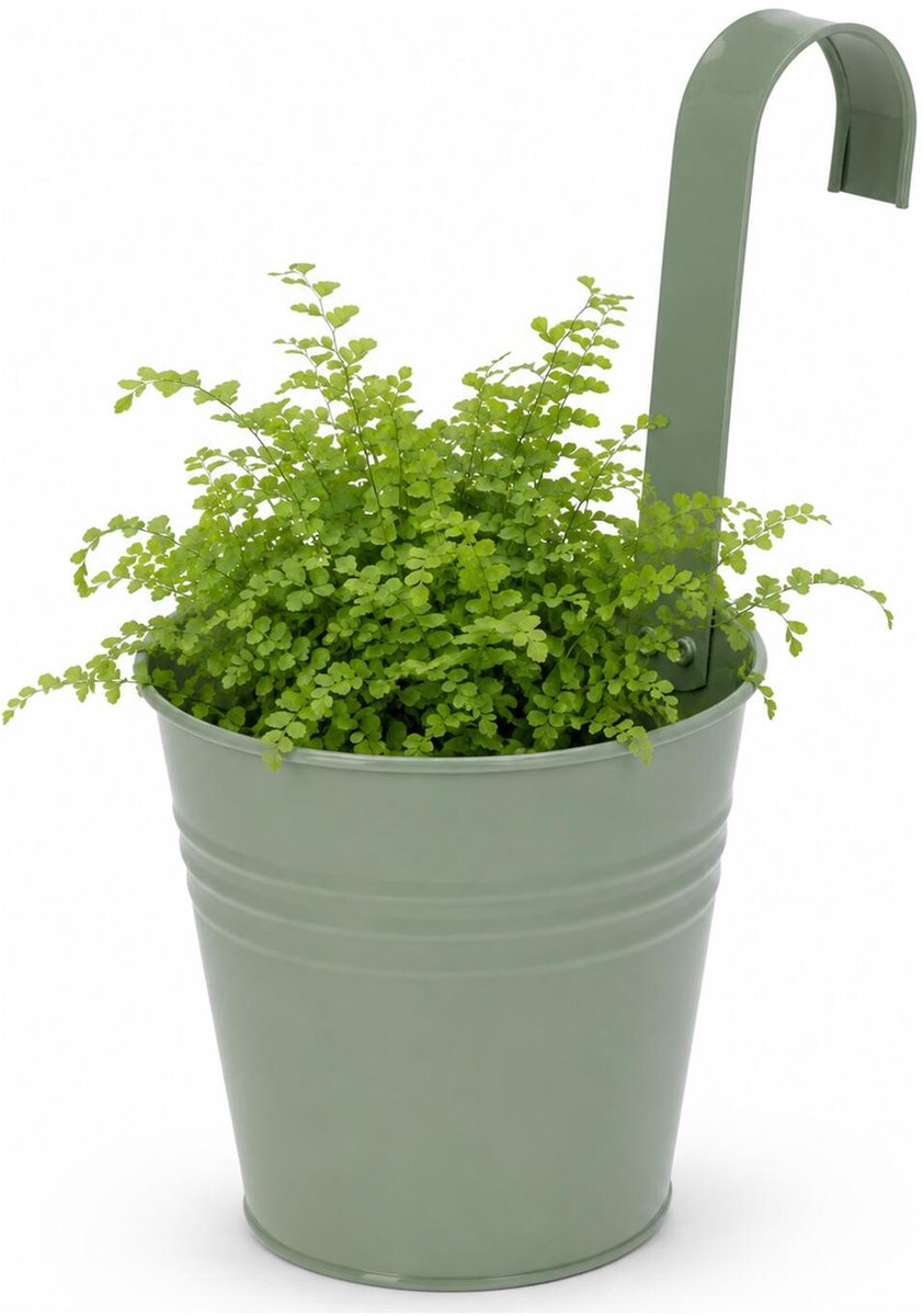 Progarden Bloempotje met haak - plantenbak zink met ophanghaak - groen - 20 x 13 x 26 cm - ophangbaar- Balkon/schutting plantenpot