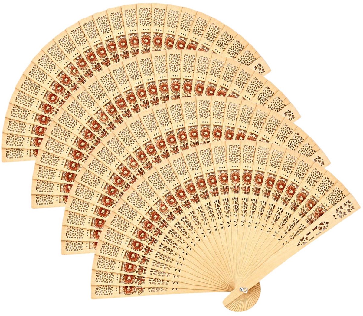 Bellatio Design Aziatische handwaaier - 4x - beige - bamboe/papier - 45 x 21 cm - Bloemen - Leven - Rust - Festival