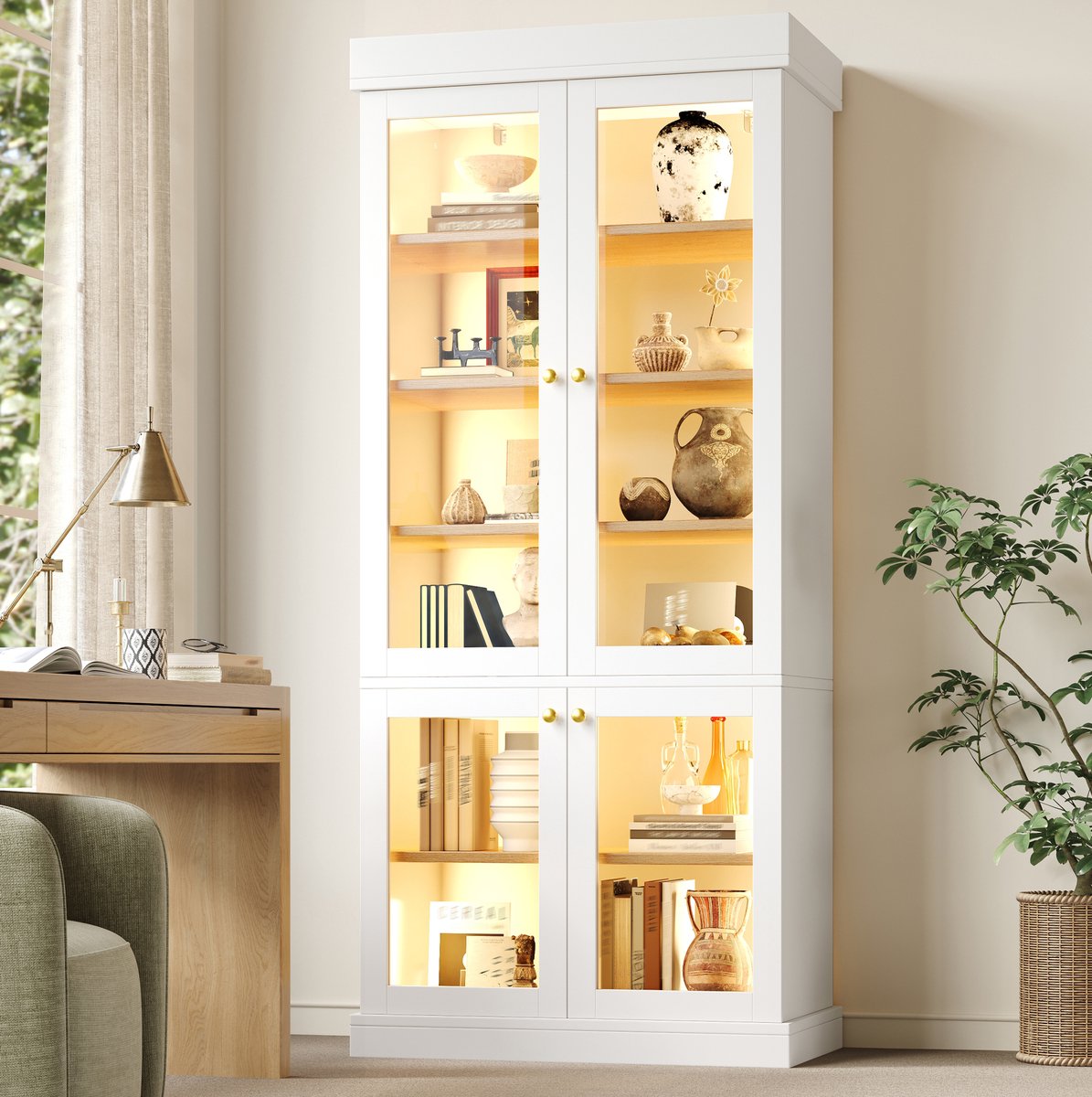 OKWISH Hoge Kast - Glazen Deuren Met Ledverlichting - 80x40x180 cm - Verstelbare Planken En Anti Kantel - MDF Glas Wit