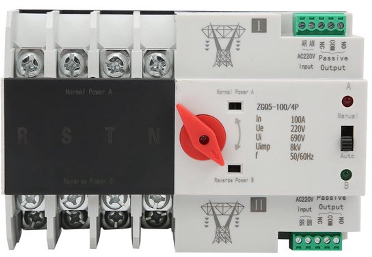 ZGQ5-100/4P 220V automatische omvormer met dubbele voeding, stroomonderbrekerschakeling, zilveren contacten, ingebouwde standby-signaaluitgang.