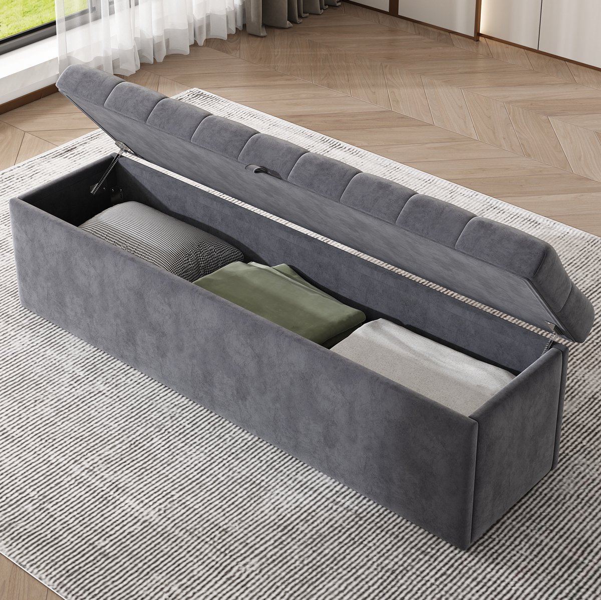 MIVRAY Bankje 138 x 41 x 42 cm - Opbergbank Met Grote Opbergruimte - Voor Slaapkamer En Woonruimte - Fluweel - Grijs