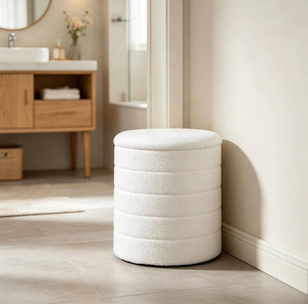 MIVRAY Poef 40,5 x 43 cm - Verborgen Opbergruimte En Omkeerbaar Blad - Voor Woonkamer Slaapkamer En Hal - Teddyfleece Wit