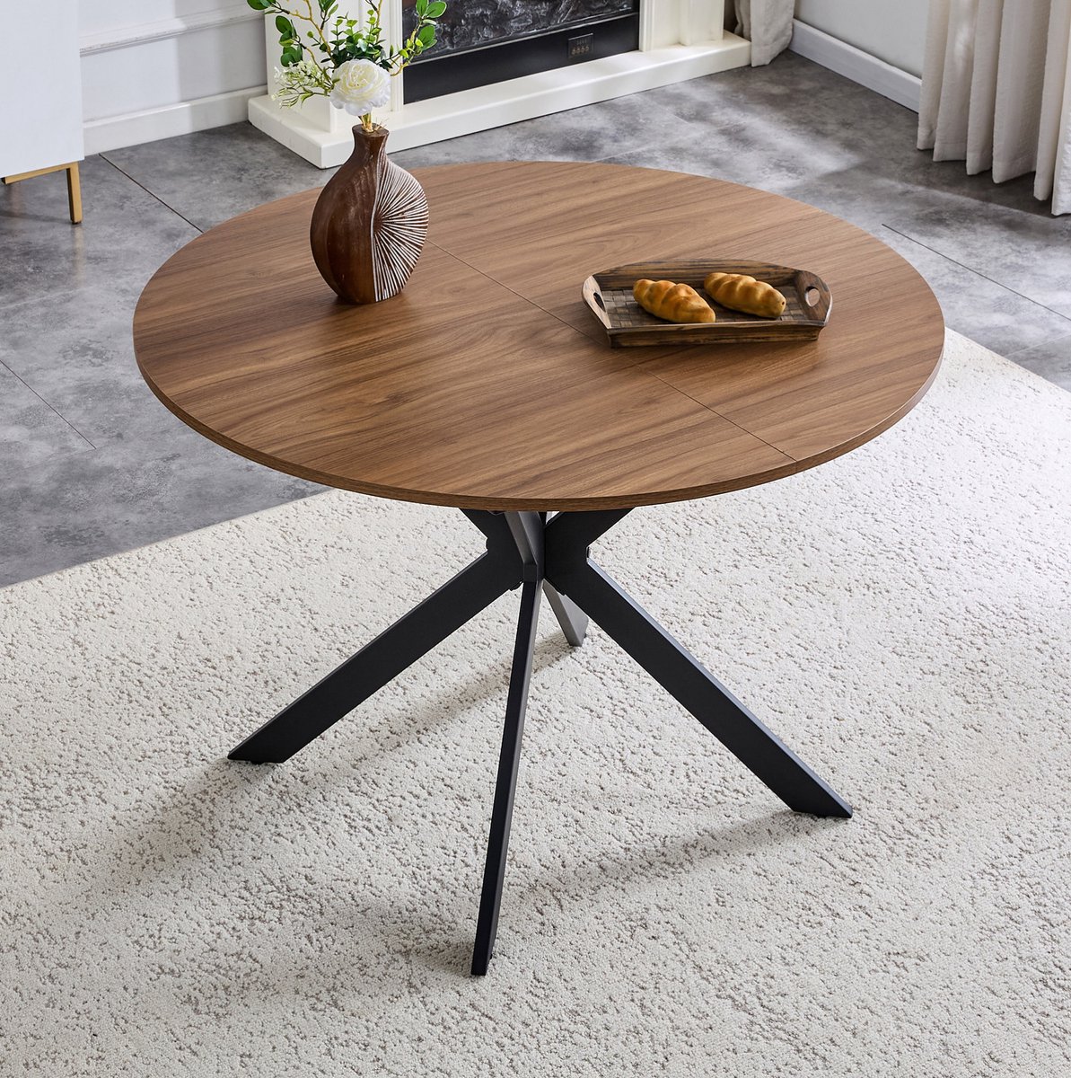 STILVORA Eettafel - Uitschuifbaar Rond Naar Ovaal Voor 4 Tot 6 Personen - Walnootlook Met Zwart Metalen Driepoot - 137x107x76 Cm Black