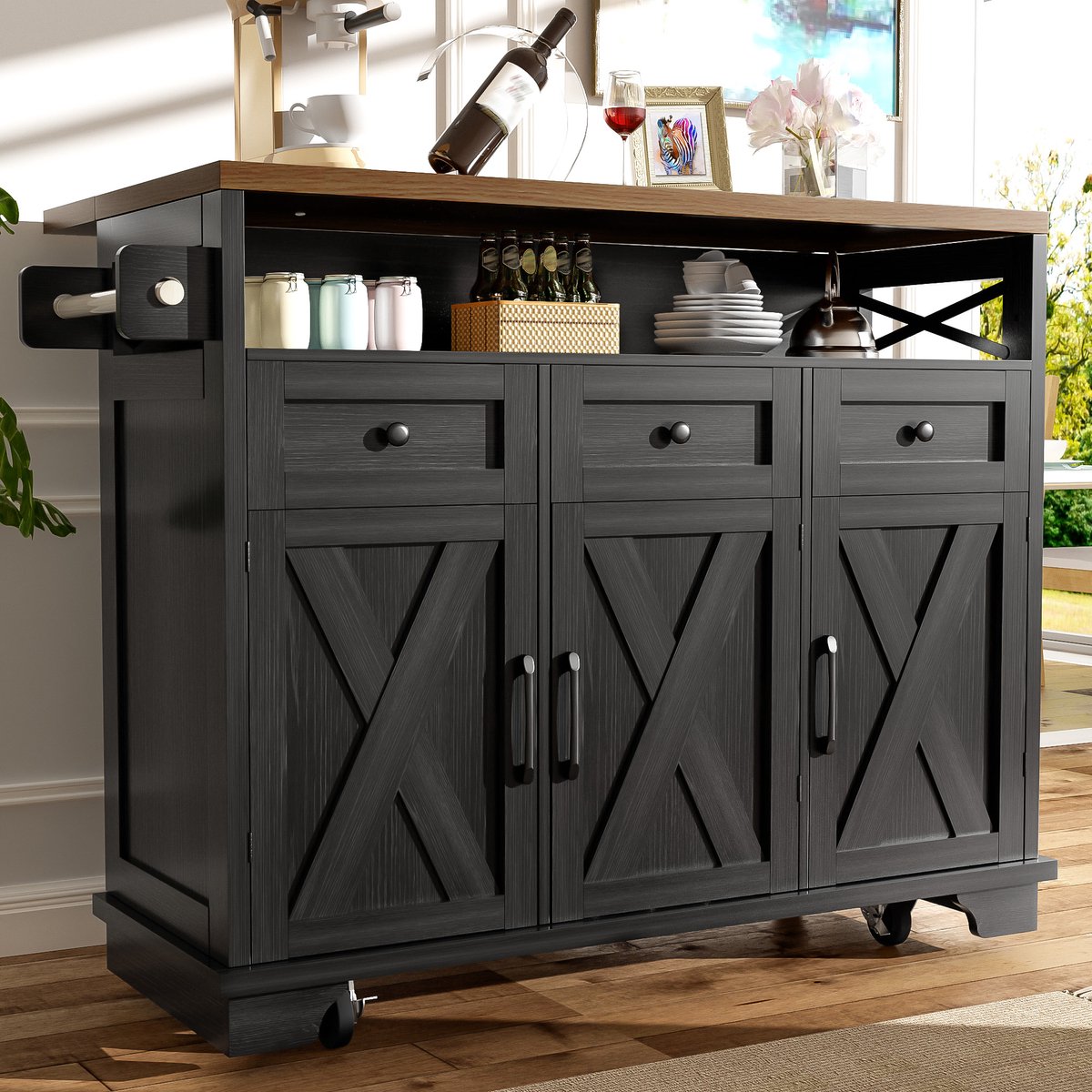 COVREO keukenwagen 118 x 43-80 x 98 cm - opklapbaar blad, wielen, opbergruimte, zwart