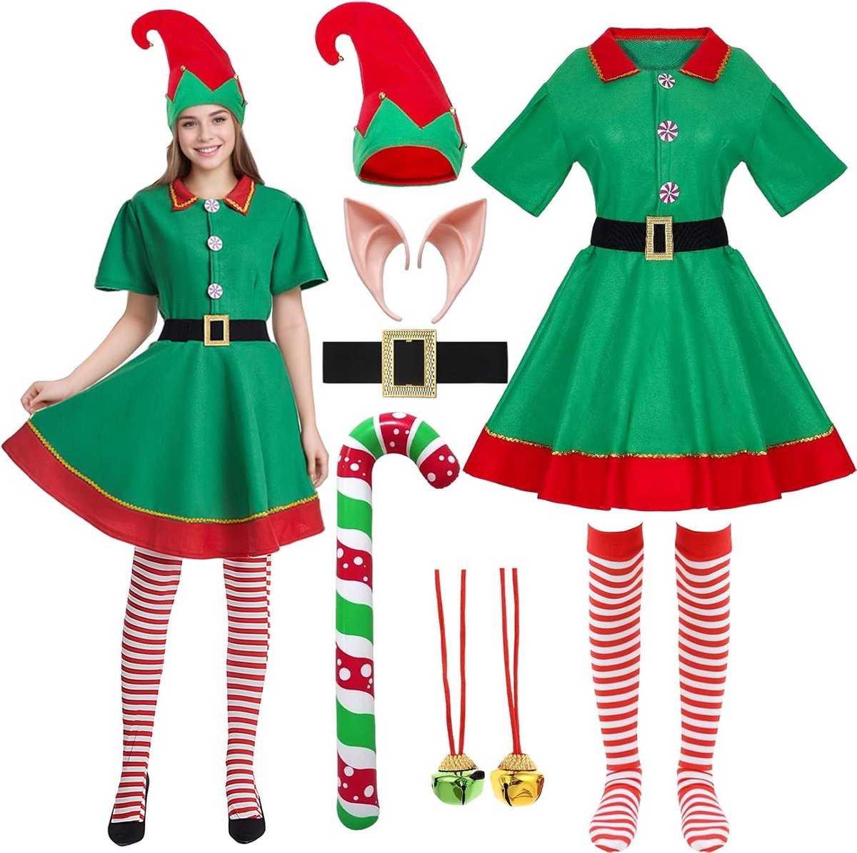 Elf kostuum voor dames en volwassenen, polyester in rood en groen, met riem, ideaal voor carnaval en verkleedfeesten, standaardmaat