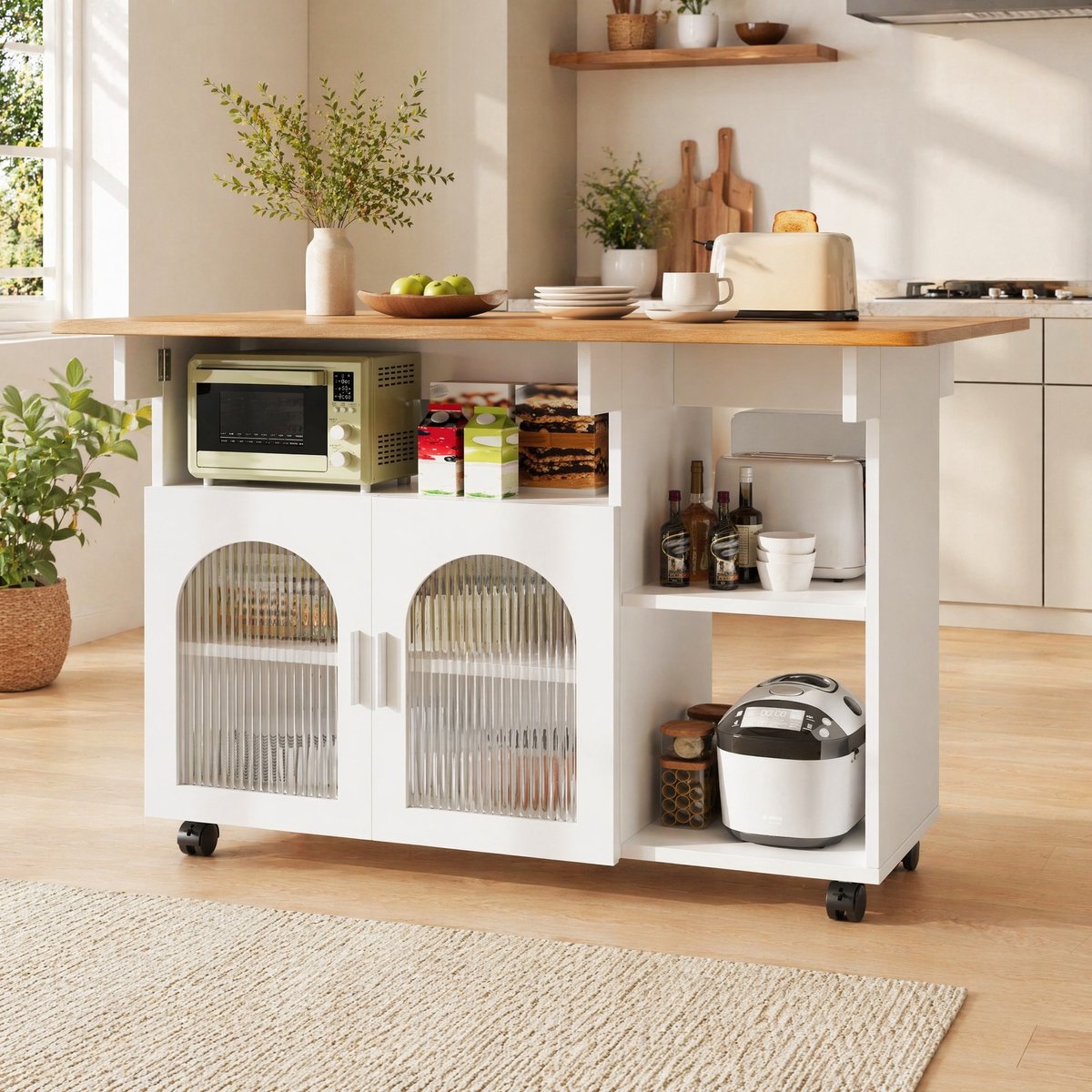 COVREO Keukeninsel 120 x 70 x 79,5 cm - opklapbaar tafelblad, wielen, wit