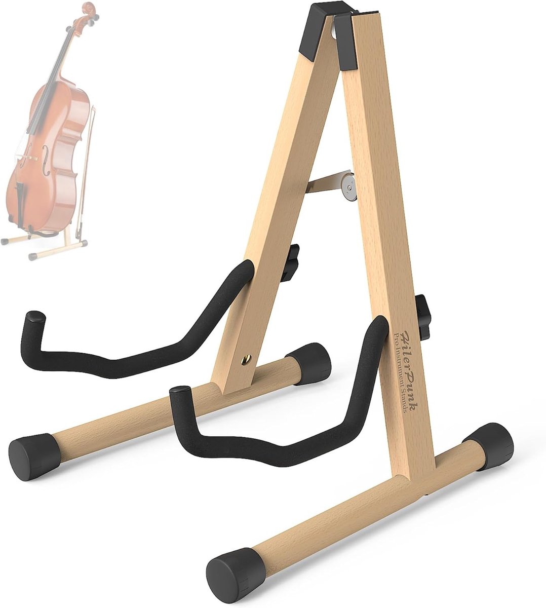 Handgemaakte Cello-standaard met booghouder en gevoerd schuim voor 1/2, 3/4, 7/8 en 4/4 Celli en gitaren, A-vormige houten voetstandaard voor optimale stabiliteit en bescherming