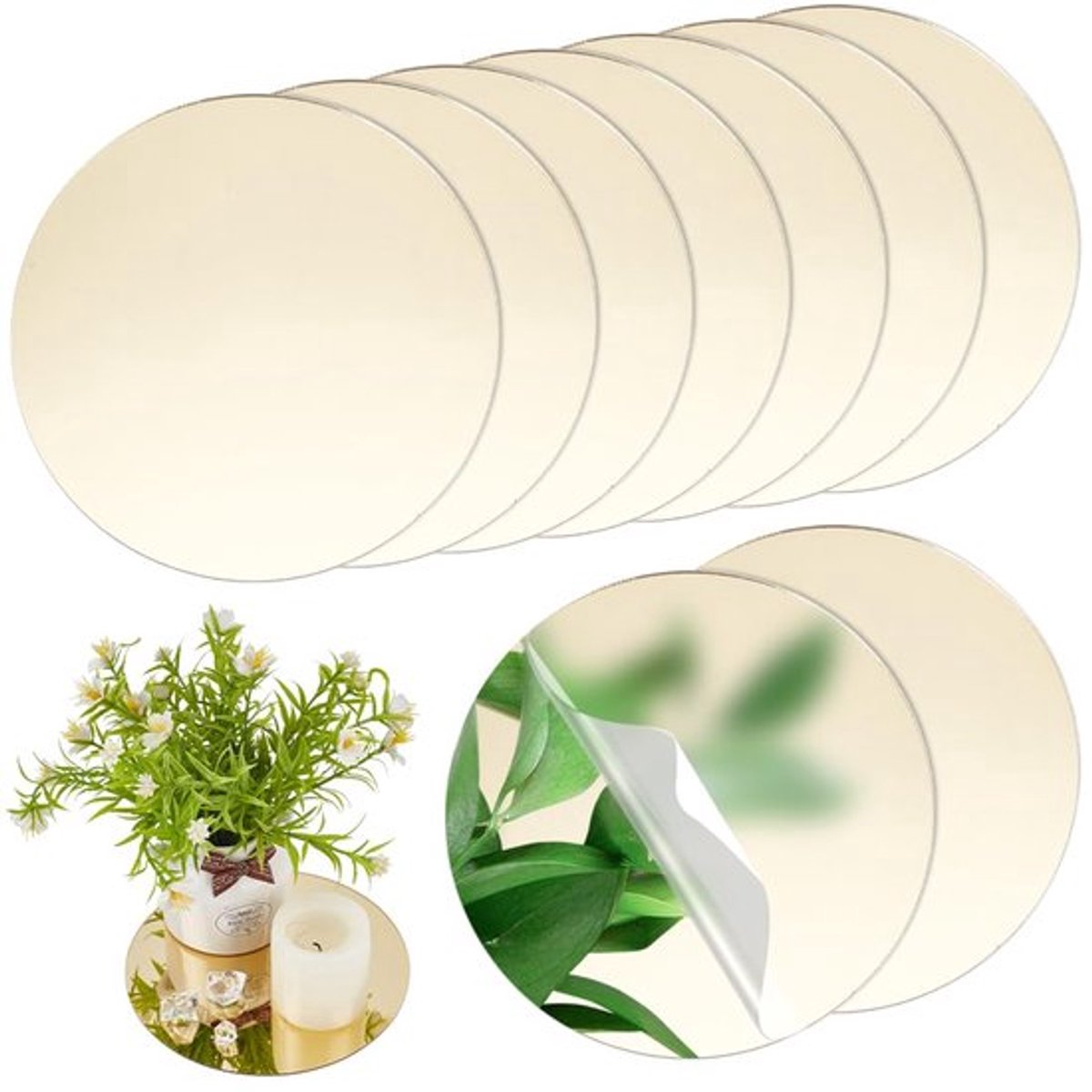 Set van 10 ronde acryl spiegels met gouden rand van 15 cm diameter, lichtgewicht en veilig zonder glas, ideaal als tafeldecoratie, kaarshouder of voor creatieve projecten bij bruiloften en feestjes