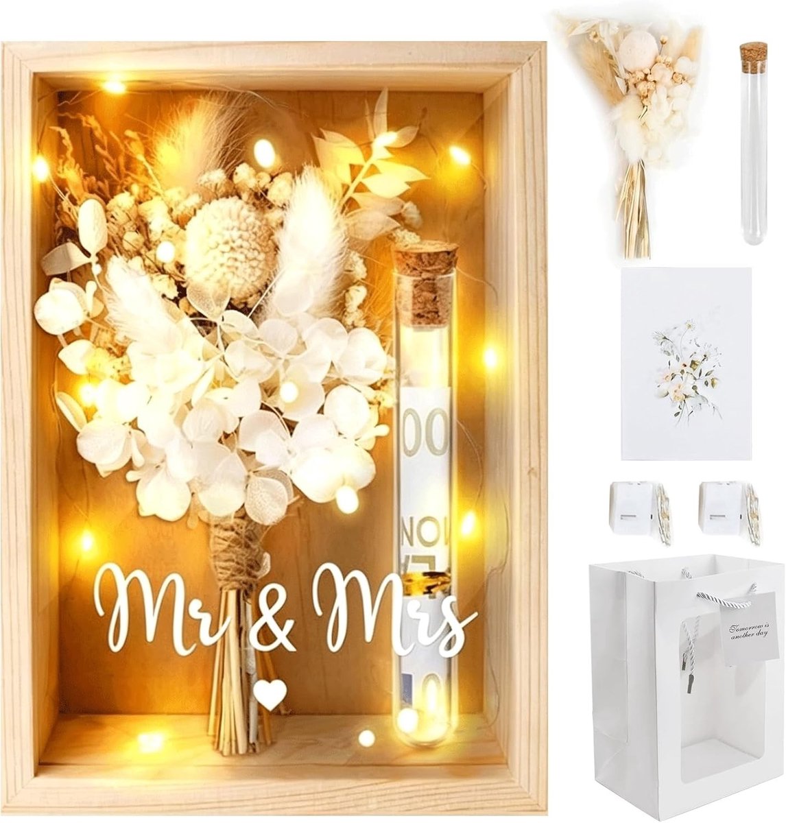 Unieke huwelijksgeschenken voor het bruidspaar, gepersonaliseerde cadeaus, gedroogde bloemen en decoratieve dozen