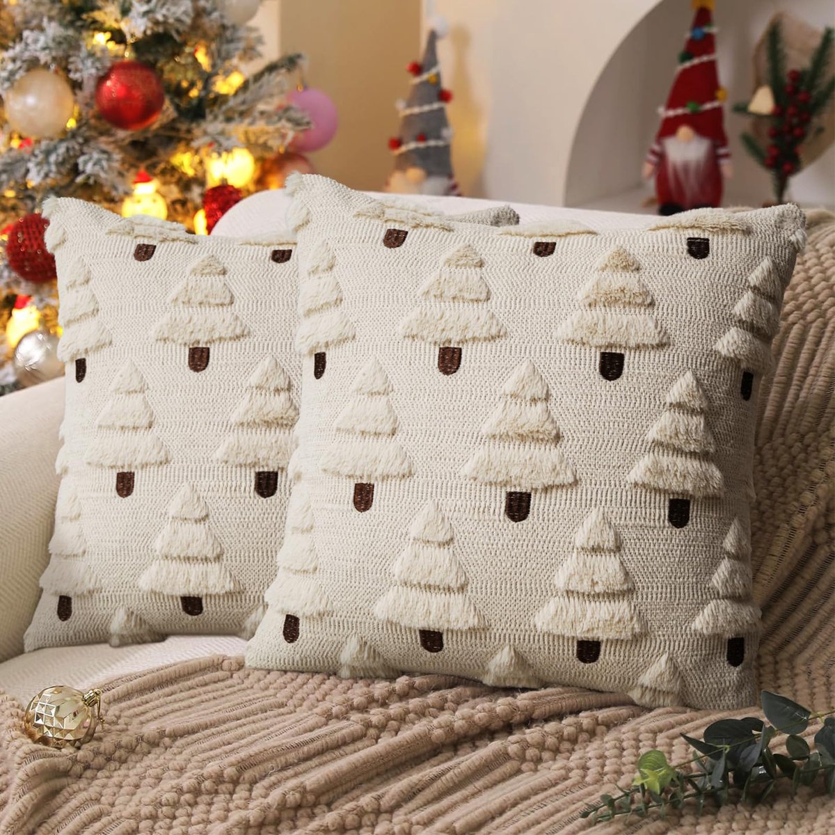 Set Van 2 Kerstkussenhoezen, Decoratieve Hoezen Met Geborduurde Kerstboom En Verborgen Ritssluiting, 45 X 45 Cm (18 X 18 Inch) Kussenhoezen Voor Kerstdecoratie