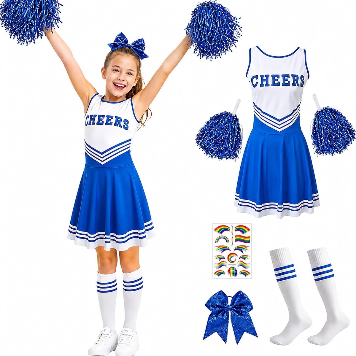 Leuke Cheerleader Kostuums voor Meisjes met Pompoms, Sokken en Haarbandjes voor Sportevenementen, Rollenspellen en Halloween Feesten