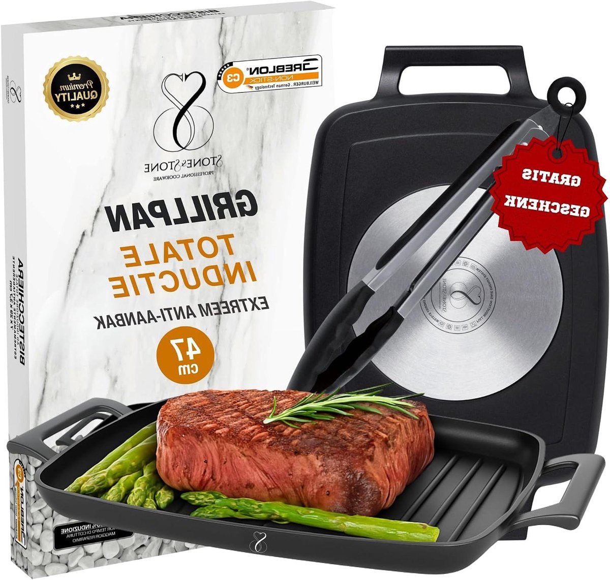 Grillpan Rechthoekig Koekenpan Gezond Koken Extra Anti-aanbak 47 cm Zwart