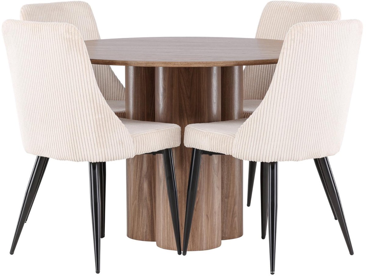 Olivia eethoek eettafel bruin 4 stoelen fluweel beige.