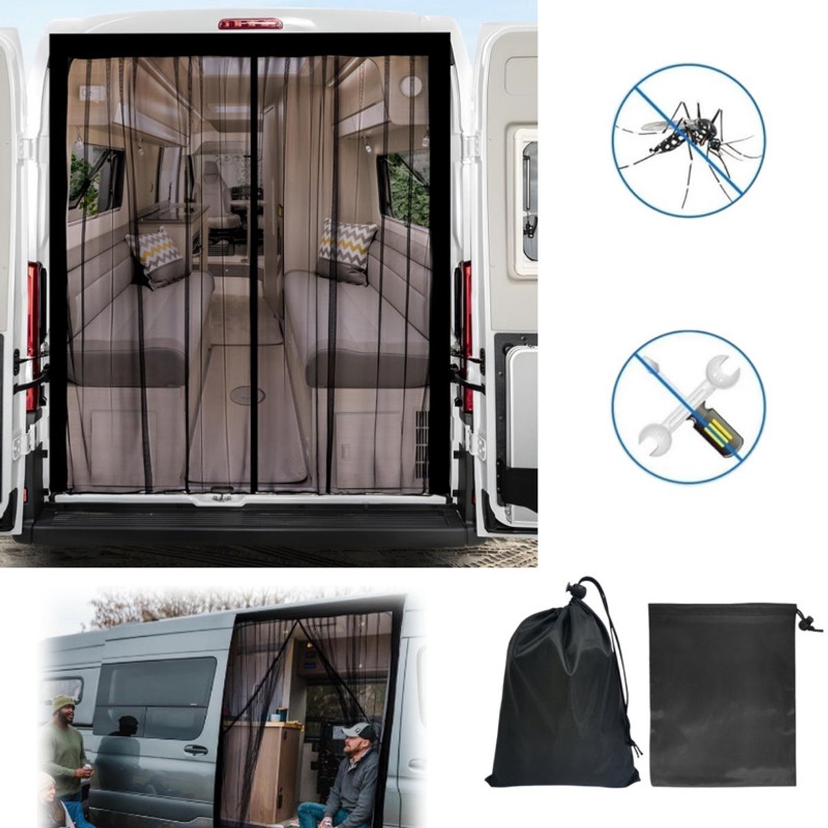 Insectenhor voor bestelwagens – Magnetische hor voor achterdeuren – Insectennet voor campers – Magnetische sluiting in het midden – Hor voor achterklep – Campinghor – Universele pasvorm – Geschikt voor campers en buscampers –71*59in(180*150cm)
