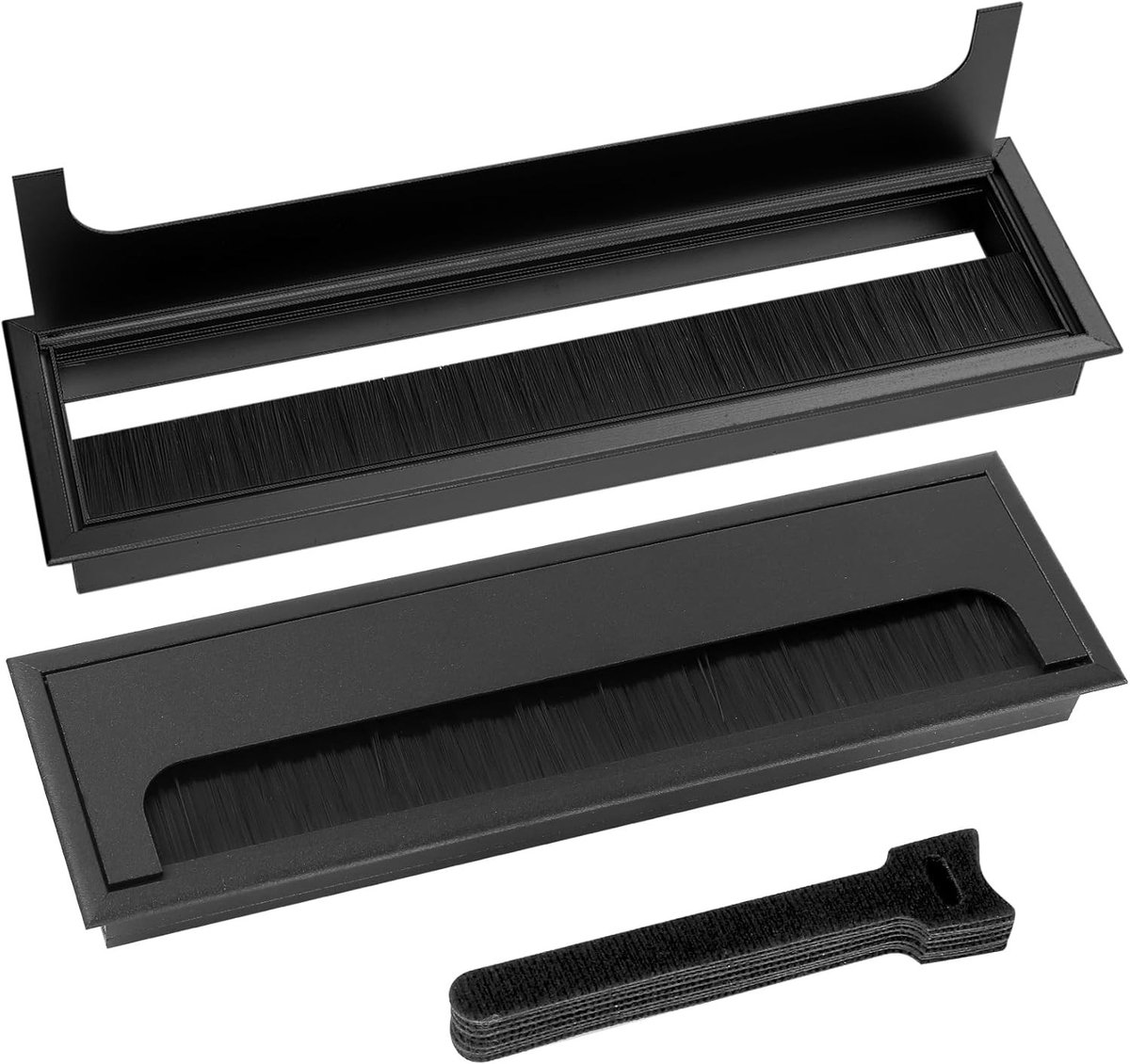 Aluminium Rectangulaire Kabeldoorvoeren voor Bureau, 2 Stuks, Organisator voor Snoeren en Kabels met Borstels voor Thuis en Kantoor (Zwart, 280x80mm)