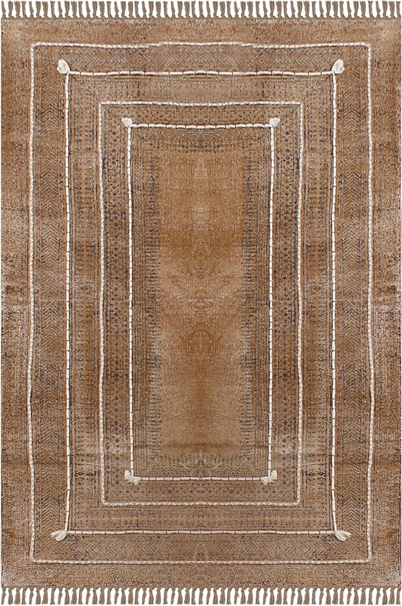 Katoenen Vloerkleed - Dhurrie Tapijt - Decoratie Binnen - Hand Block Print - 150 x 210 cm - Bruin