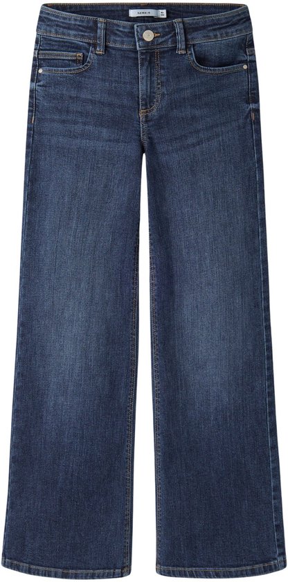 Donkerblauwe wijde spijkerbroek voor meisjes met bruine stiksels.