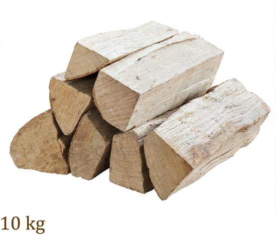 Een stapel van ongeveer 10 kg gekloofd beukenhout, liggend op een witte achtergrond. De tekst '10 kg' is zichtbaar.