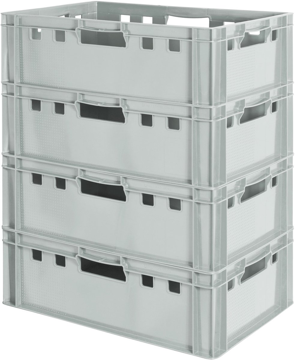 4 E2 vleeskratten, voedselveilige Euroboxen, slagerskratten, opbergdozen, plastic trays, stapelbare opbergkratten, 60 x 40 cm, grijs, Kingpower