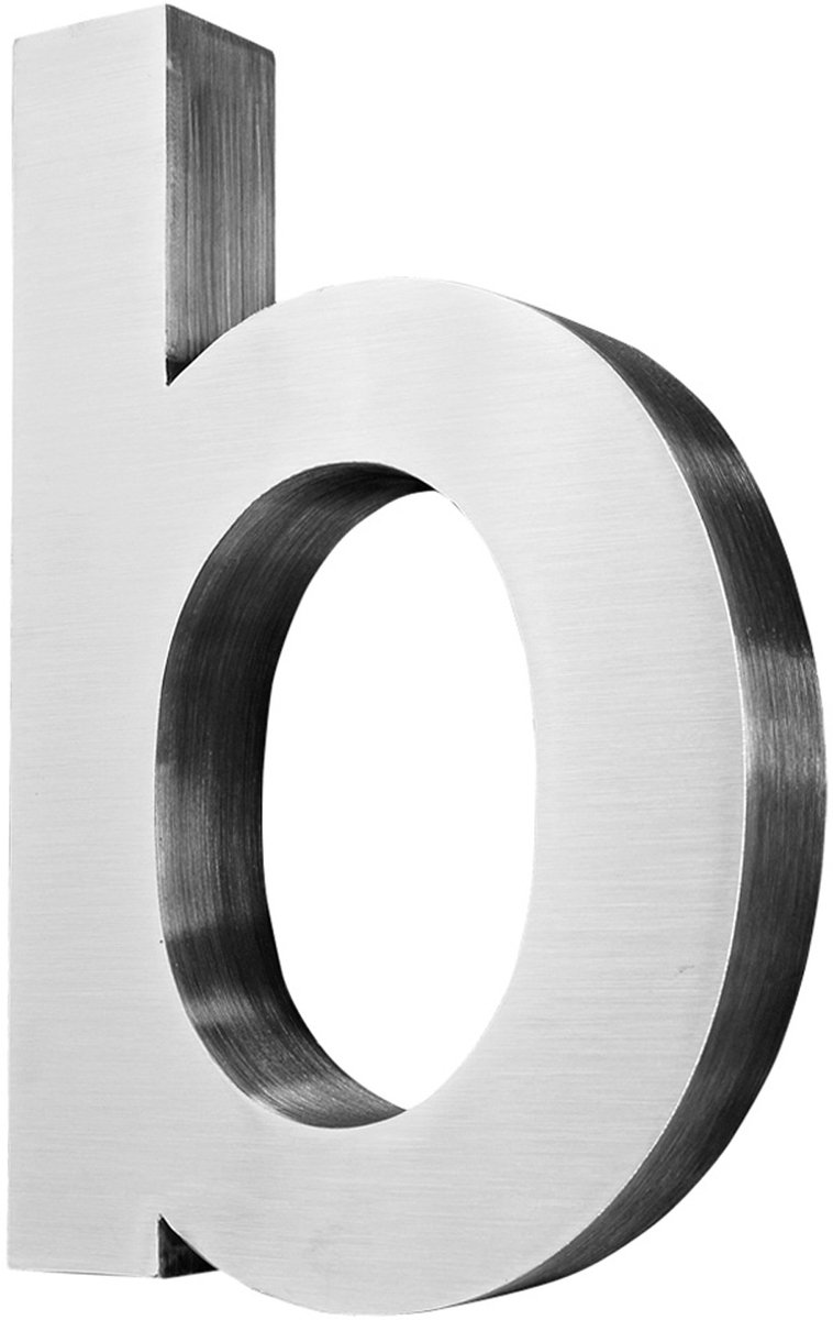Roestvrijstalen Huisnummer / Letter "b" – Groot 3D-huisnummerbord (Geborstelde afwerking) – Lettertype Arial, V2Aox
