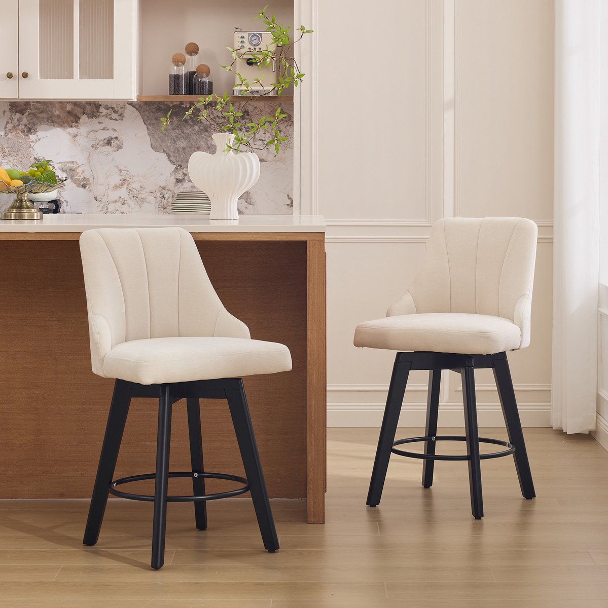 OKWISH Barkruk - 360 Graden Draaibaar Met Rugleuning En Voetsteun - Set Van 2 Voor Keukenbar Of Eiland - Chenille Stof - Beige