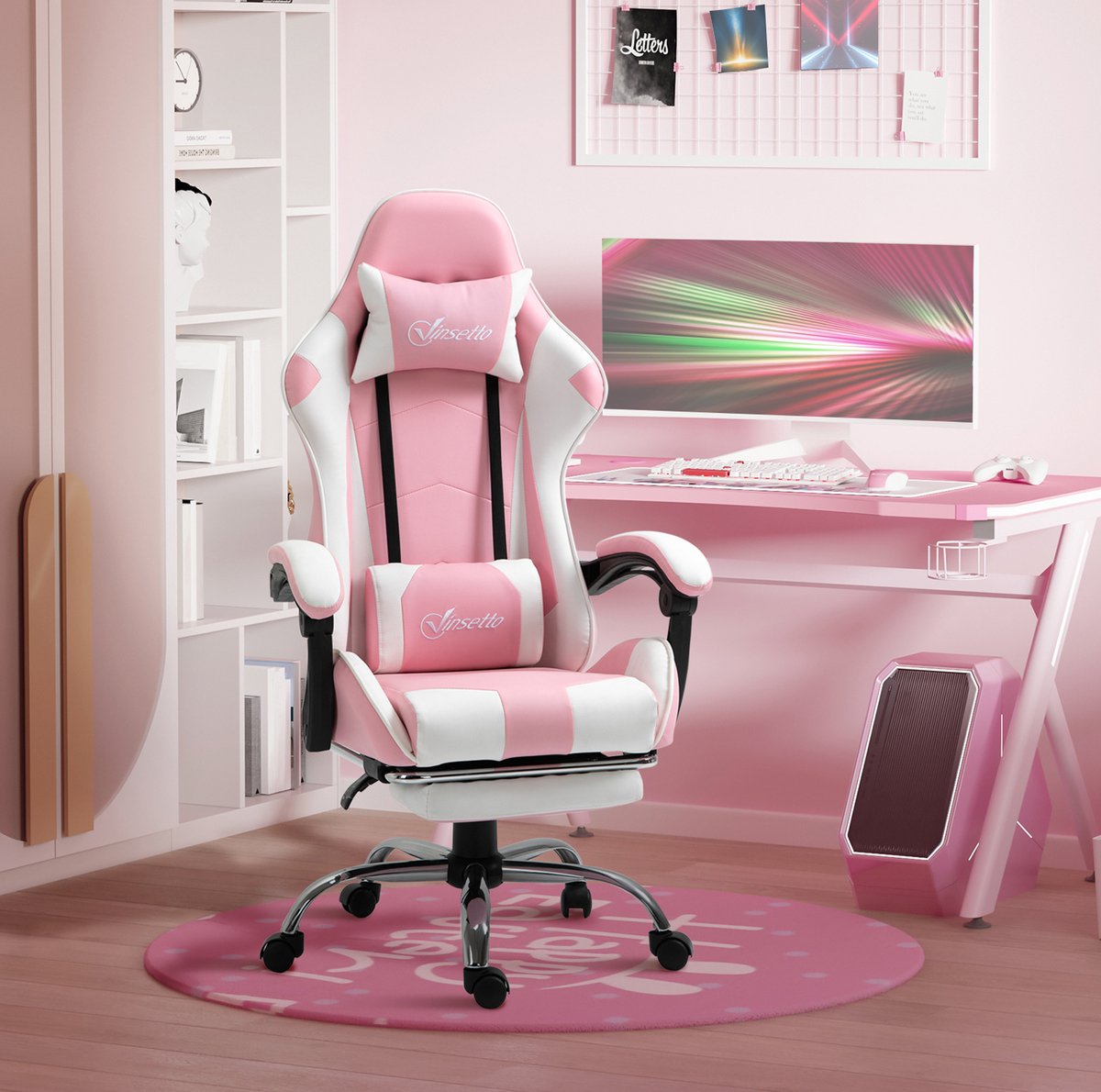 DESMIU Gamingstoel 64 cm - Ergonomische Bureaustoel Met Hoofdsteun, Lendenkussen En Voetsteun - Voor Kantoor En Gamen - Kunstleer Roze Wit