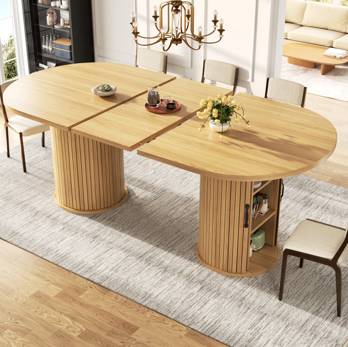 OKWISH Eettafel - Uitschuifbaar Met Verborgen Opbergvak - 149,8-189,7 x 80 x 75 cm - Voor Kleine Ruimtes - MDF Naturel