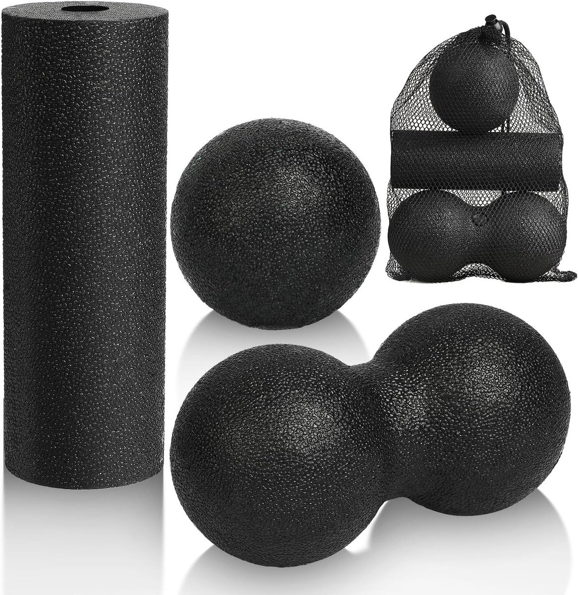 3-delige Massagebal Set voor Spierontspanning, Foam Roller, Pinda Bal en Dubbele Lacrosse Bal met Opbergtas voor Verlichting van Spier- en Voetpijn