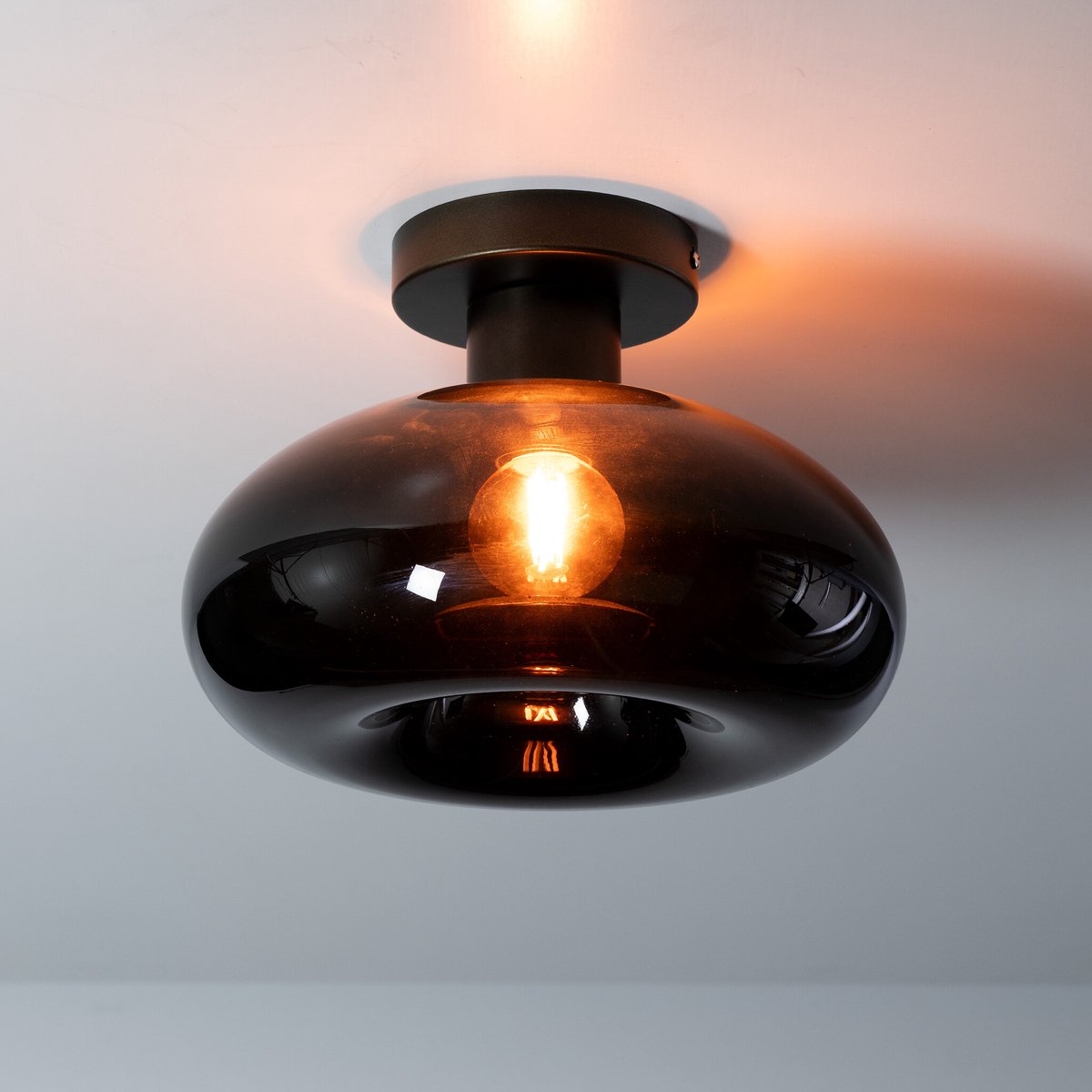 PS-Collection Plafondlamp Bruin Glas Metaal 1-lichtpunt - Soll - plafonniere, plafond lamp, plafondlamp industrieel, plafondlampen