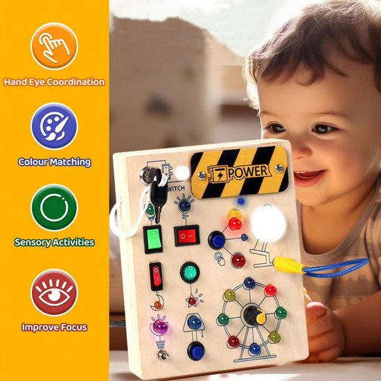 Houten activiteitenbord met ledverlichting, Montessori-speelgoed voor peuters, educatief bord met schakelaars, sensorisch leerspeelgoed, verjaardagscadeau voor jongens en meisjes van 1-4 jaar van Houten — afbeelding 2