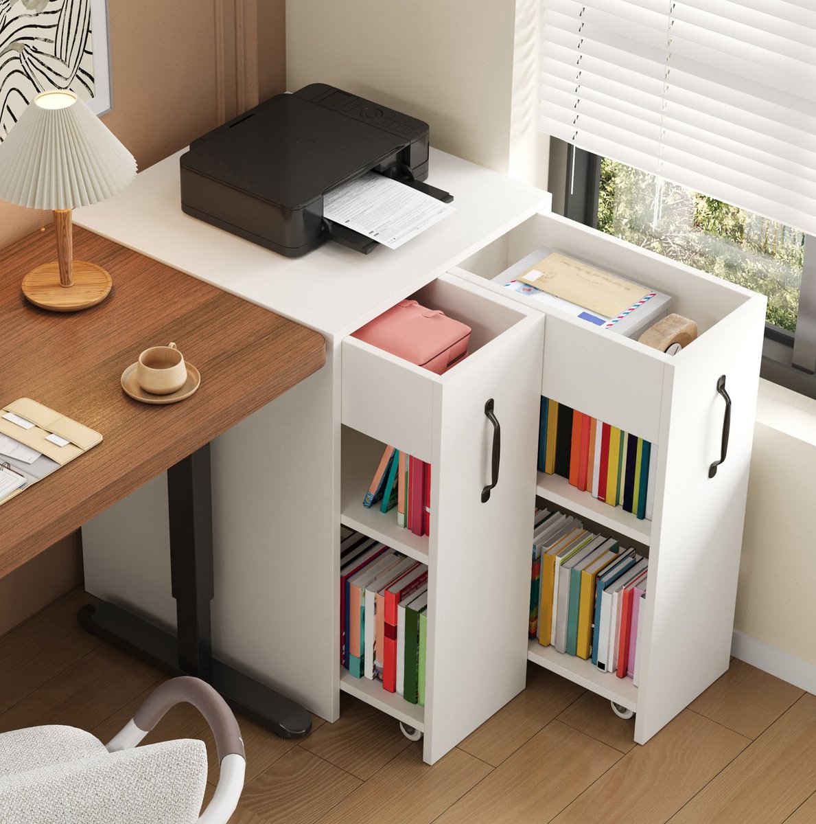OKWISH Boekenkast – Met Wielen En Lade – Omkeerbare Links-Rechts Indeling – Voor Slaapkamer, Badkamer Of Kantoor – Spaanplaat Wit – 52x50x75 cm