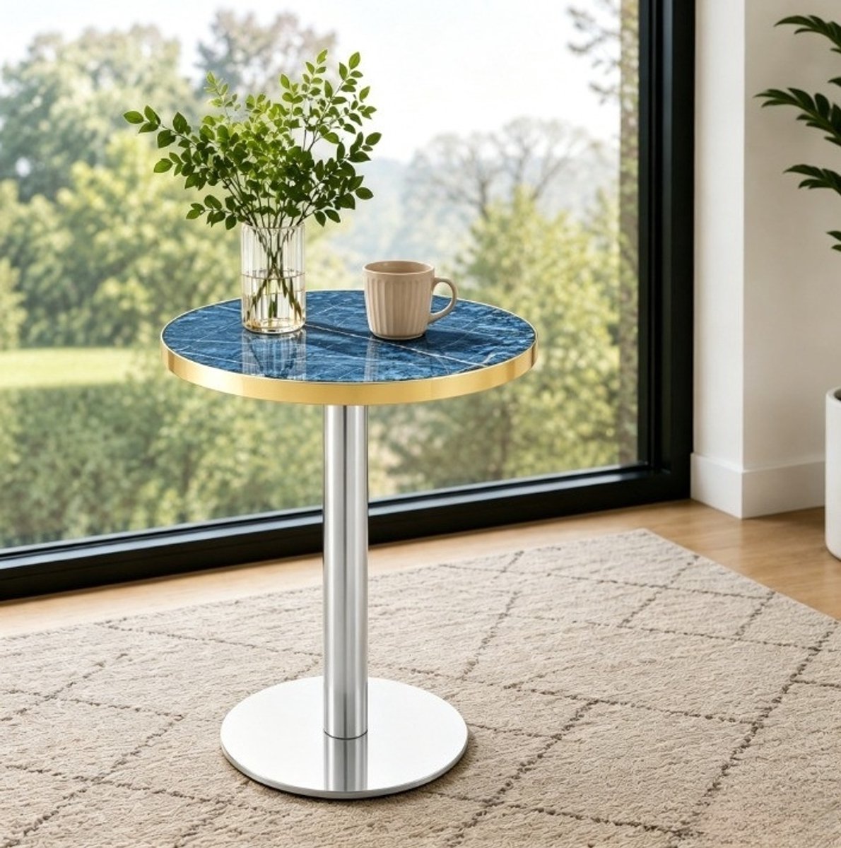 OKWISH Bijzettafel - Ronde Marmerlook Tafel Met Gouden Rand - Voor Woonkamer Slaapkamer Of Balkon - MDF En Metaal Blauw - 60 x 60 x 73,7 cm