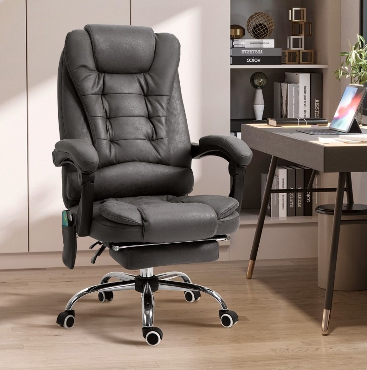 DESMIU Bureaustoel - 65 Cm - Met Massage- En Warmtefunctie, 6 Massagepunten En Voetsteun - Voor Kantoor En Thuiswerkplek - Polyester Donkergrijs