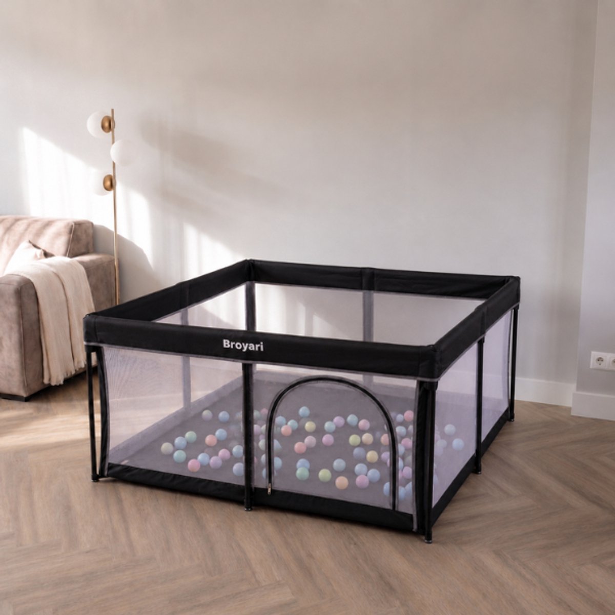 Broyari® Grondbox Baby 127x127 cm – Binnen 2 Seconden Inklapbaar – Inclusief Speelmat & 50 Speelballen – Opvouwbare Baby Speelbox – Kinderbox – Playpen – Zwart – foto 7