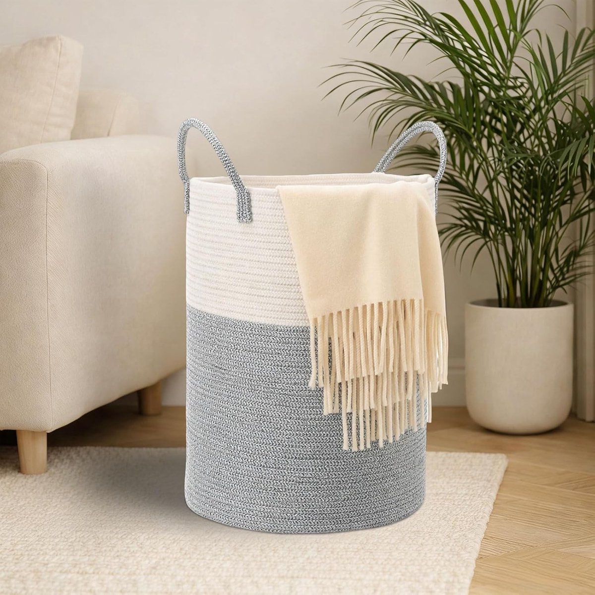 Ronde gevlochten wasmand van 53 liter met katoenen handvat voor kinderkamer, woonkamer en wasruimte - ideaal voor opbergen en organiseren