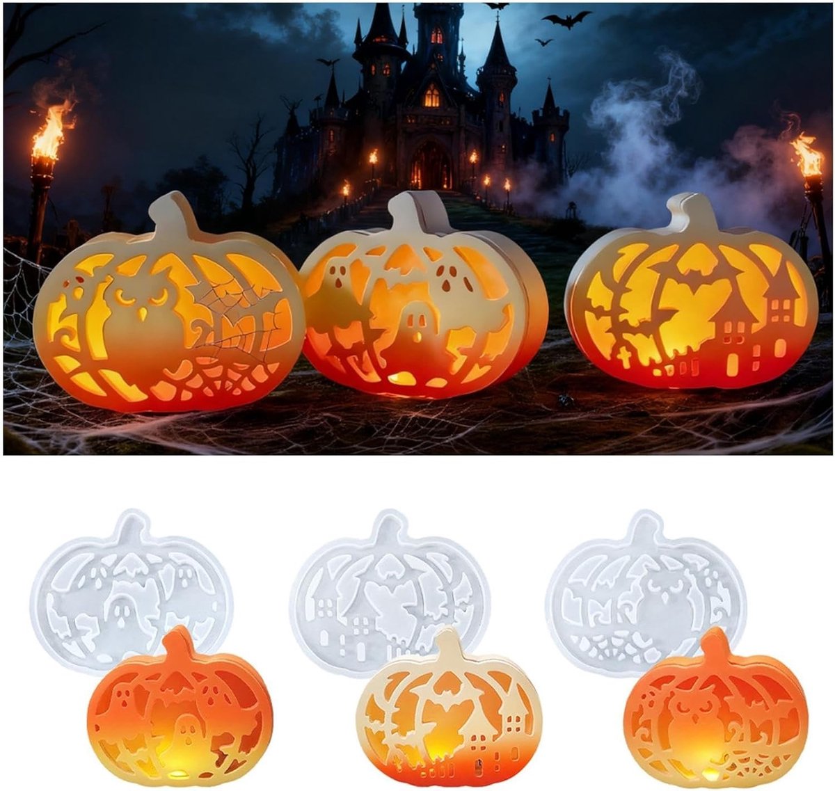 Halloween Siliconen Mallen Set van 4: Pompoen met Spoken en Vleermuizen voor Gips, Herfstkaarsen en DIY Decoraties