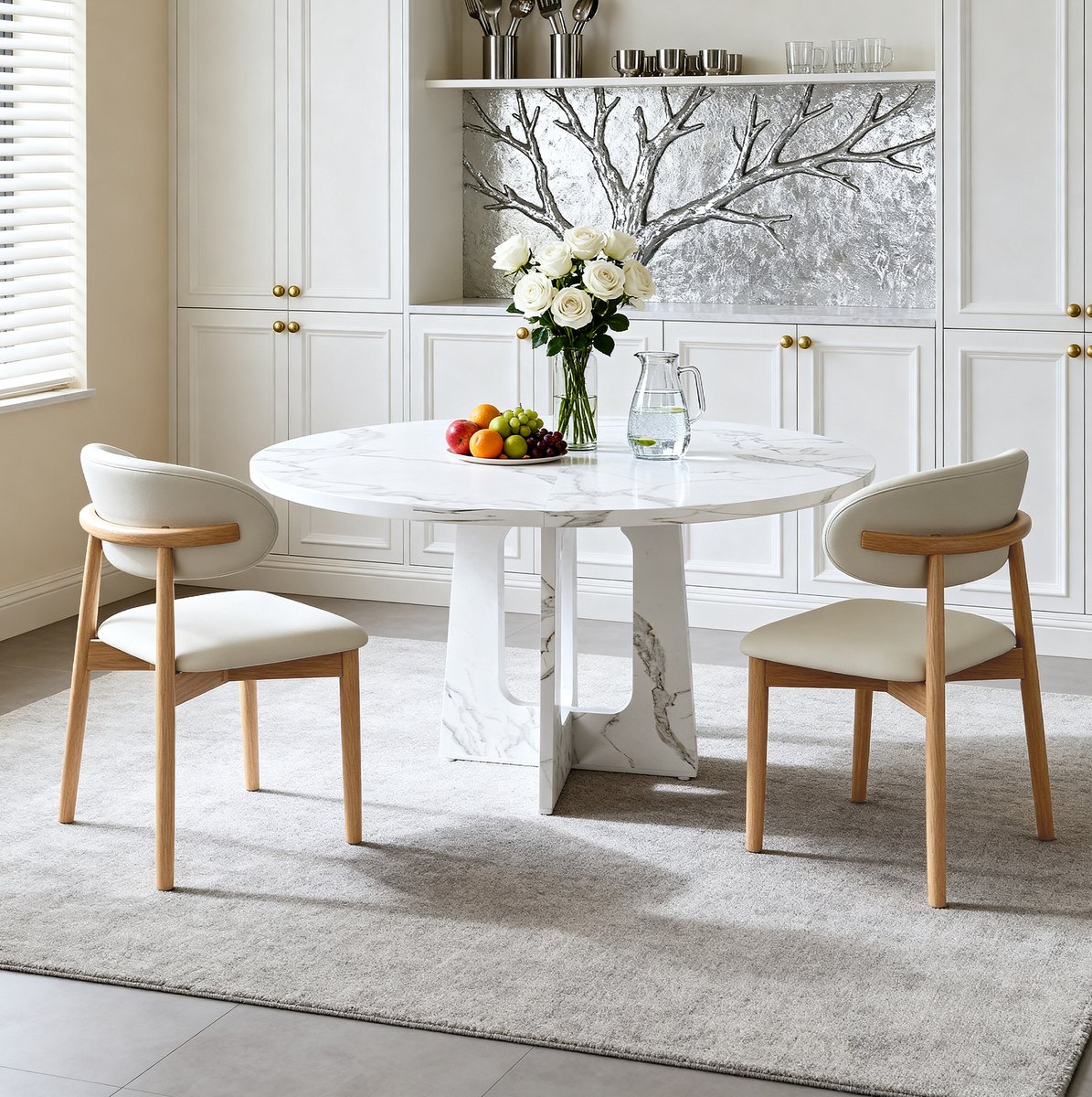 Wishdor Set tafel en stoelen - Ronde eettafel met 2 eetstoelen - Modern voor eetkamer en woonkamer - Houtlook wit marmerlook met eikenhouten poten - 120 x 120 x 76 cm