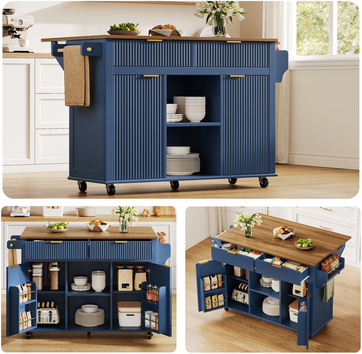 Wishdor - Keukenkast - Uitschuifbaar werkblad - 2 lades en 2 deuren - Landelijke stijl - Keukeneiland op wielen - Houtlook - Blauw/Bruin - 143 x 45 x 89,5 cm