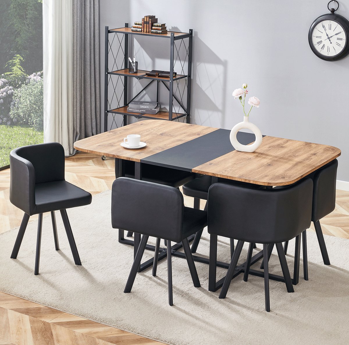 FloraGrace Eettafelset - Uitschuifbare Eettafel Met 6 Stoelen - Voor Keuken En Eetkamer - MDF En Metaal - 150x100x79 Cm - Zwart Naturel