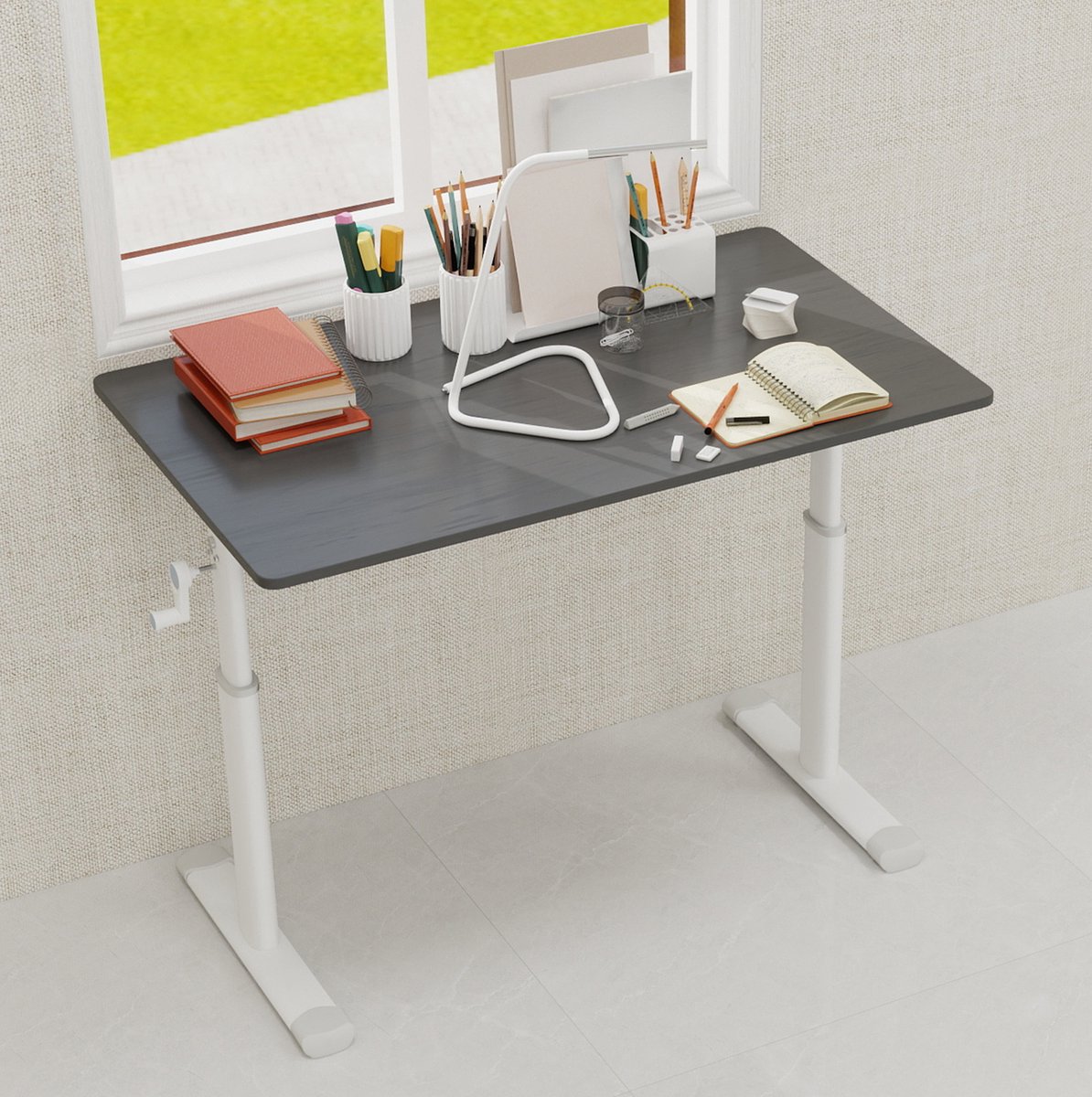 FloraGrace Bureau - Handmatig In Hoogte Verstelbaar Zit-Stabureau - Voor Thuiswerk En Studie - Metaal En Hout - 100x60x60-90 Cm - Grijs