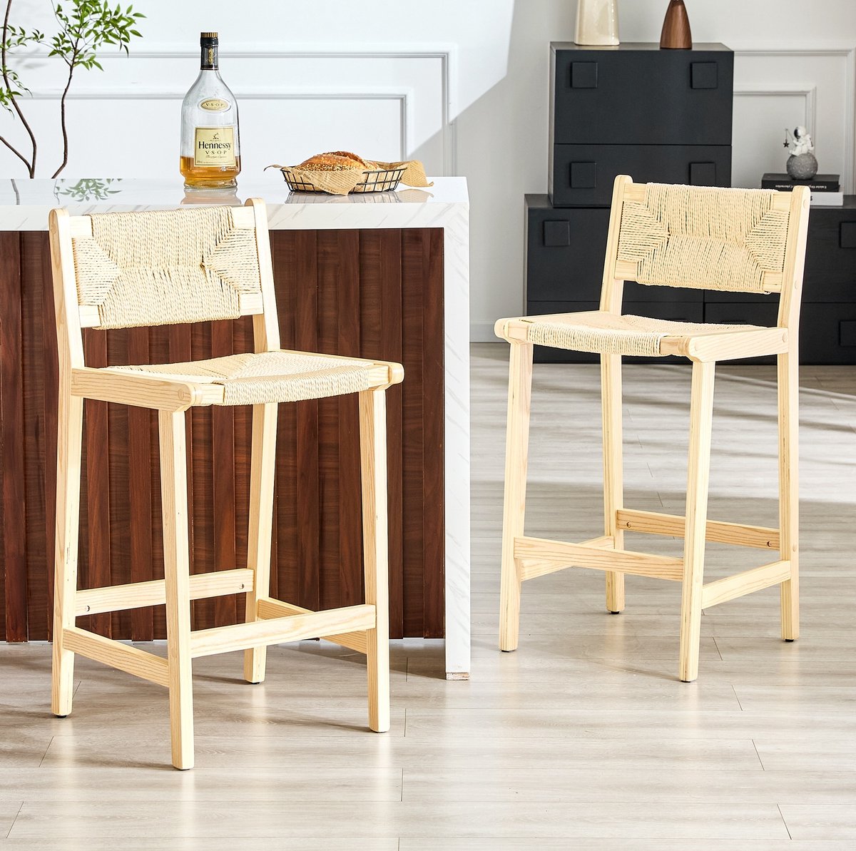 OKWISH Barkruk – Set Van 2 Met Rugleuning En Geweven Zitting – Landelijke Stijl Voor Keukeninsel En Bar – Massief Hout – Houtkleur