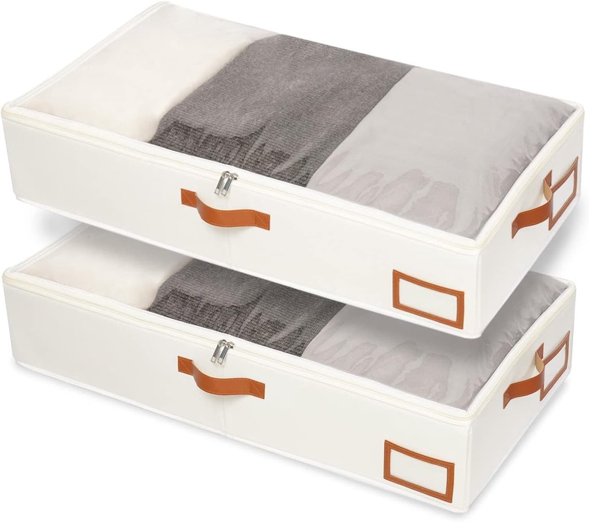 Opbergdoos voor Onder Bed - Beige - Opvouwbaar met Doorzichtig Venster - Stevige Ritssluiting - Voor Kleding en Dekbedden