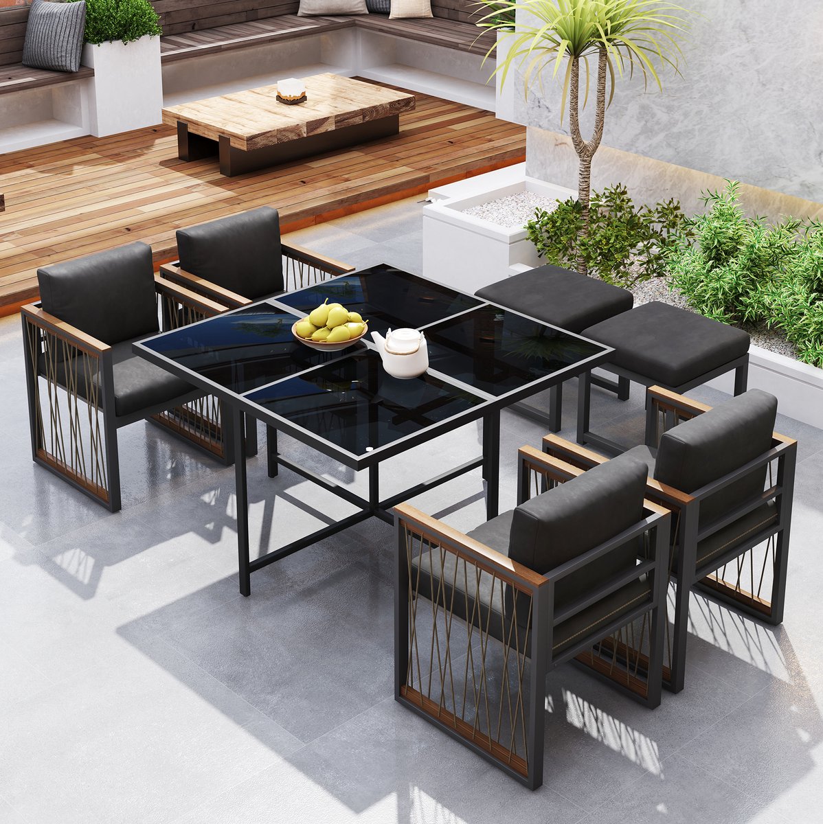FloraGrace Tuinset - 6-Persoons Diningset Met Vierkante Tafel En Kussens - Voor Tuin En Terras - Metaal En Glas - 117x117 Cm - Zwart Naturel