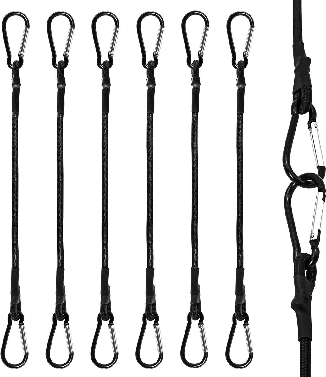 Brelet Elastische spanbanden met karabijnhaken, 6-delige robuuste set, elastische koorden van 30 cm met haken voor kamperen, zeilen, tenten en bagage