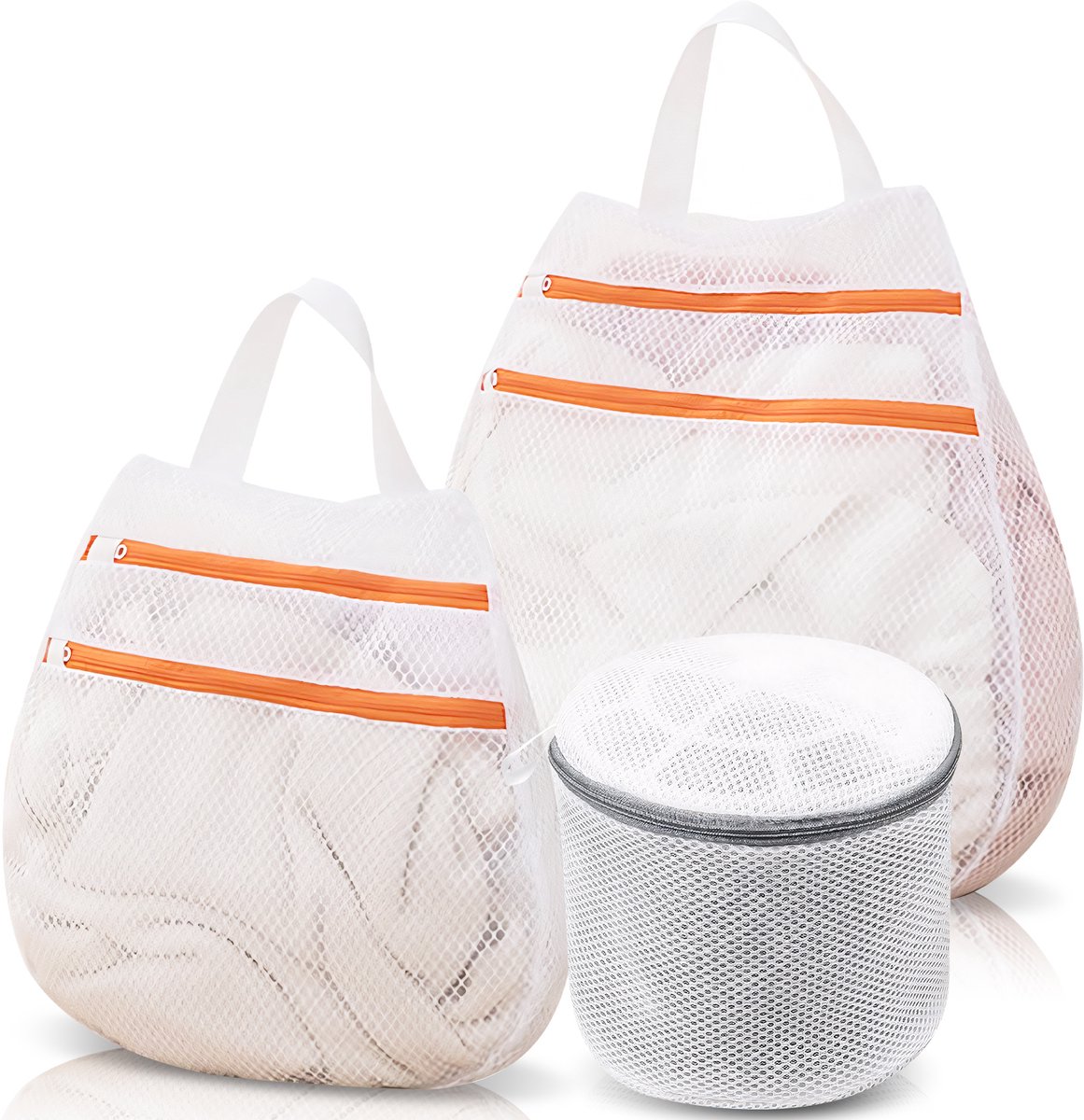 Wassenzakken Set 3 Stuks Wasnetjes Met Dubbele Rits Waszak Voor Wasmachine Beschermende Waszak BH Zak Voor Ondergoed Kleding 40 × 40 50 × 50 15 × 16 cm Wit