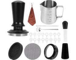 Complete 25-delige koffietamperset met barista-accessoires, tampermat, schuimkan en lattekunsttools voor perfecte espresso en cappuccino