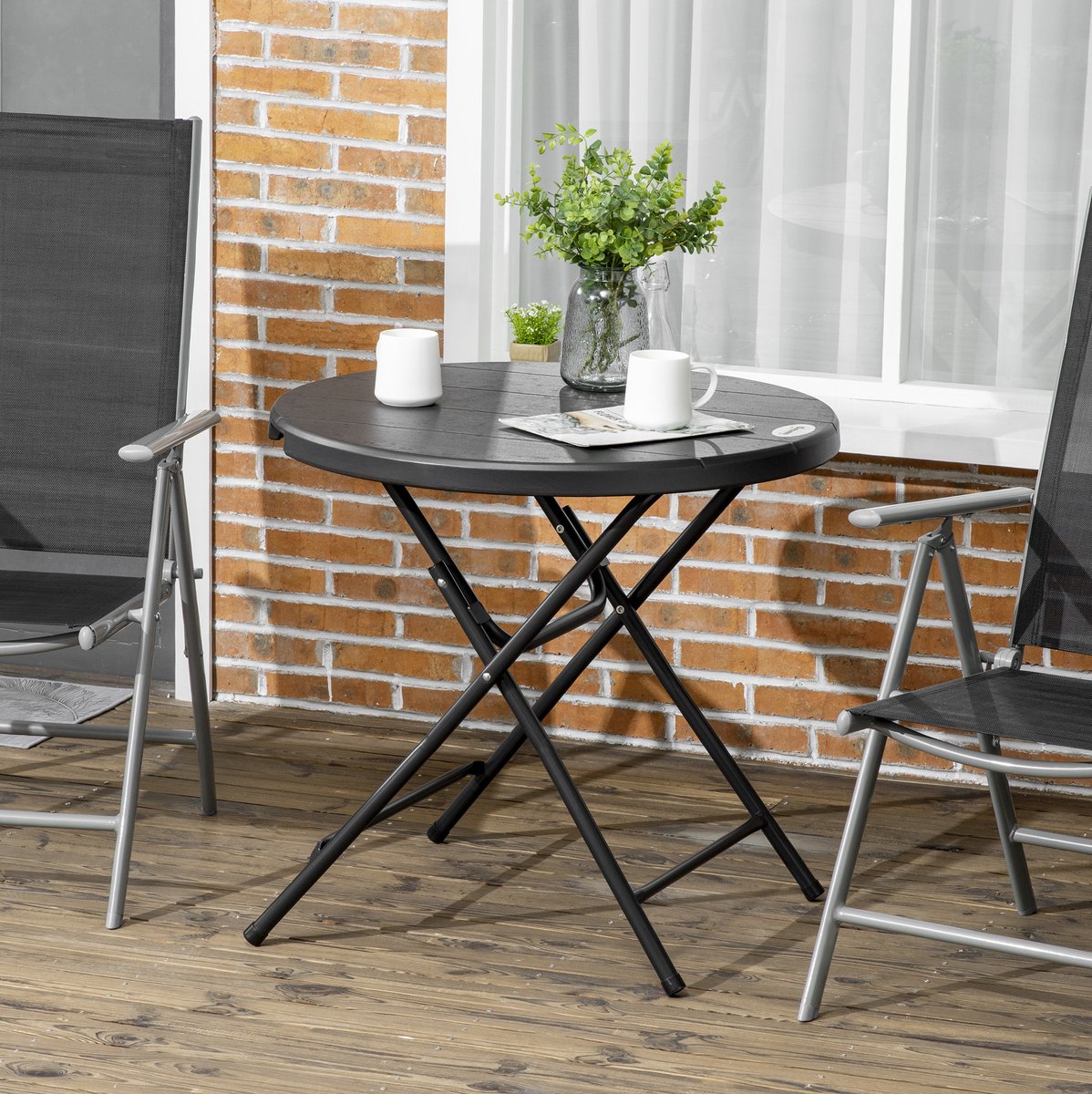 FloraGrace Tuintafel - Ronde Klaptafel Voor 4 Personen - Voor Balkon, Tuin En Terras - HDPE Met Houtlook En Staal - Donkergrijs - 80 Cm