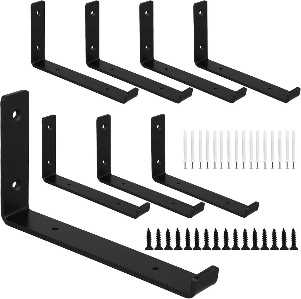 8 Stuks Stevige Zwarte Plankbeugels met Lip, 200 x 115 x 30 mm, Ideaal voor Opslag en Ruimtebesparing