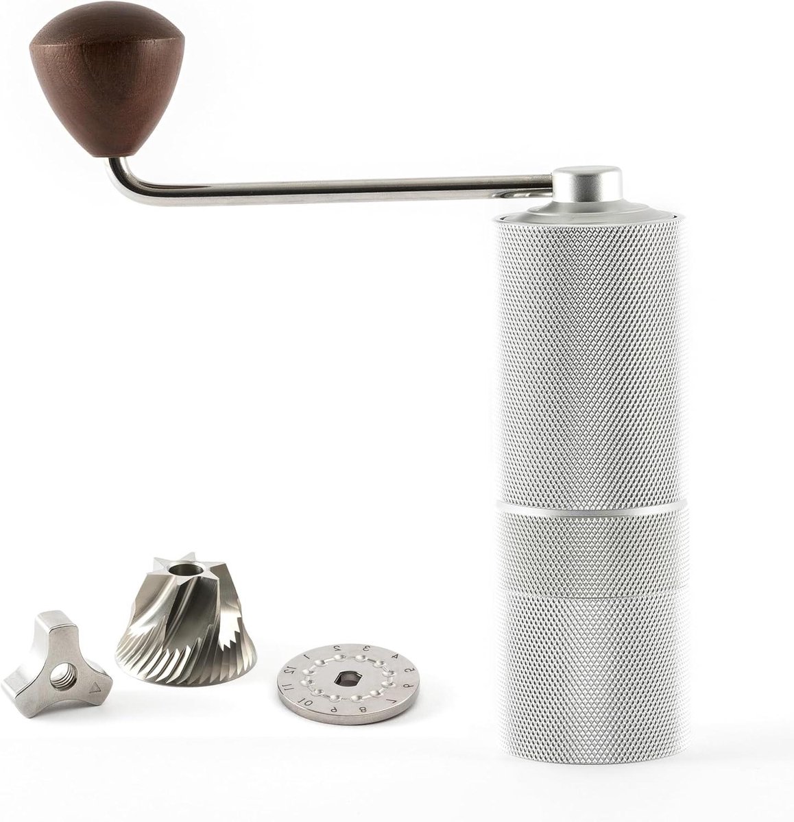 Handmatige Koffiemolen Kegelmaalwerk Molen Verse Koffie Malen Precisie Roestvrij Staal 15 cm Hoog Mat Zilver